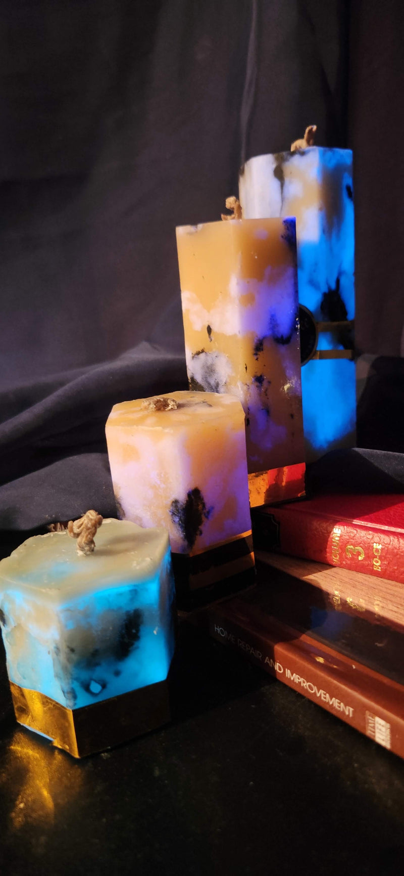 Marbled Hexagon Beeswax Glow In The Dark Pillar Candles (Set of Four)