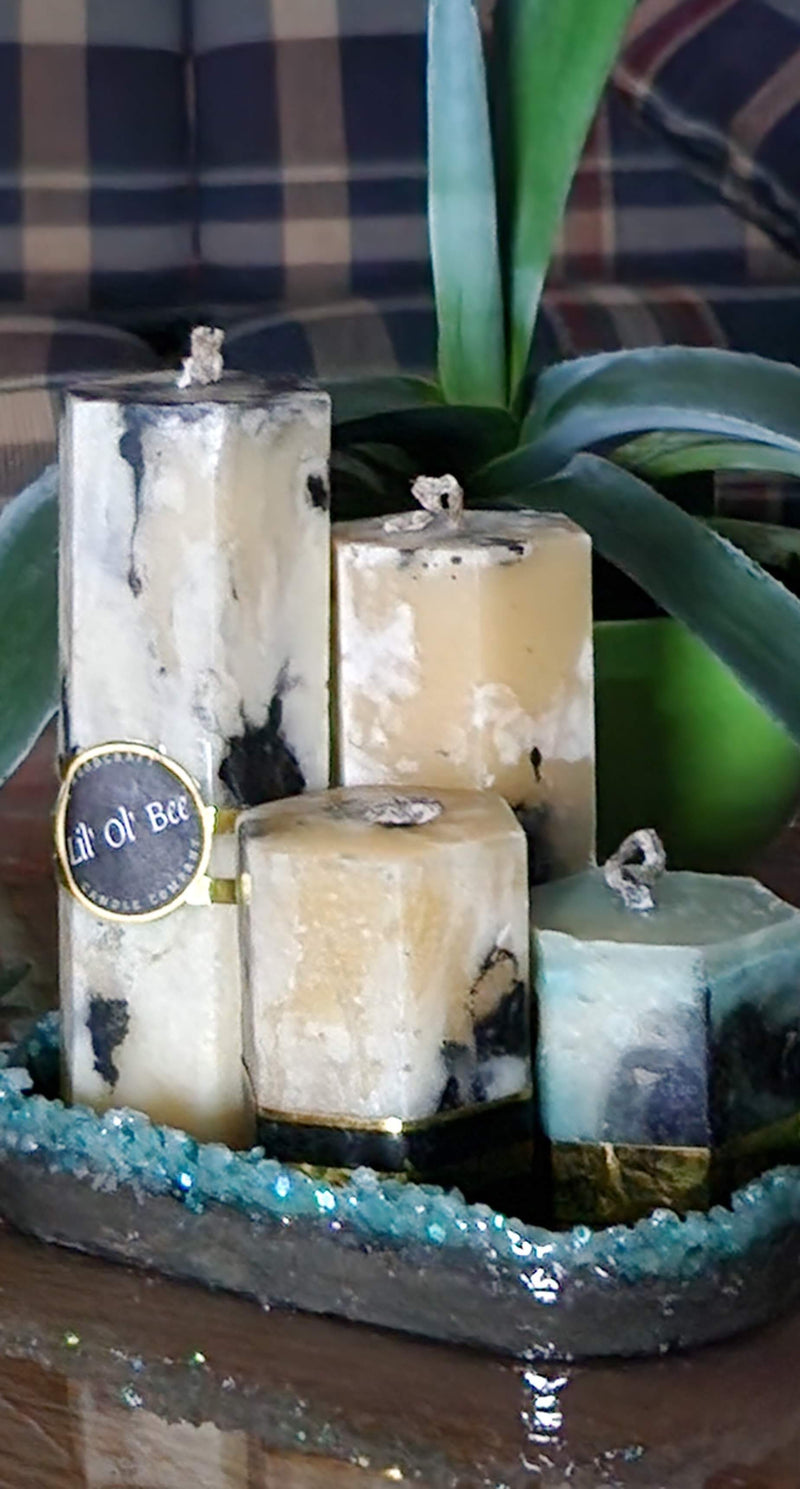 Marbled Hexagon Beeswax Glow In The Dark Pillar Candles (Set of Four)
